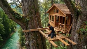 Мужчина строит уютный и тёплый домик на двух деревьях в лесу.