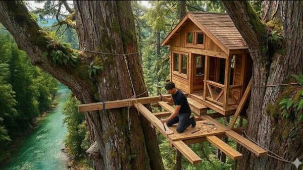 Мужчина строит уютный и тёплый домик на двух деревьях в лесу.