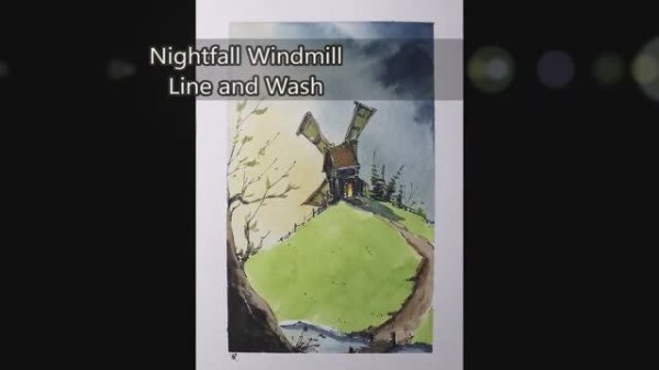 📹 Nightfall Windmill Line and wash Full Real Time drawing and paint By Nil Rocha