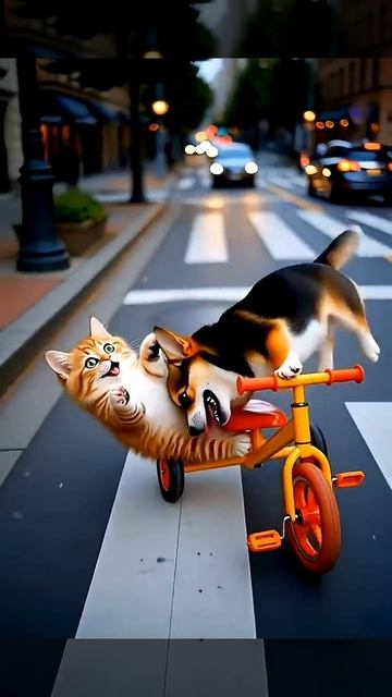 Смешные котёнок и щенок играют на велосипеде на оживлённой улице