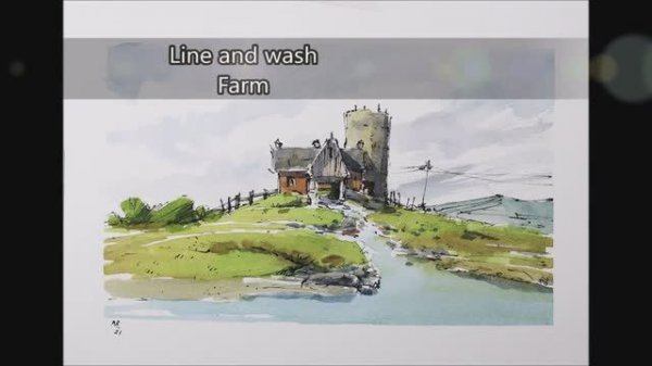 📹 How to Draw and paint Farm ,easy style crooked lines watercolor By Nil Rocha