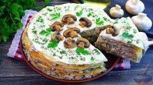 БЛИННЫЙ ТОРТ С КУРИЦЕЙ И ГРИБАМИ