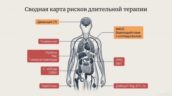 Пациент пьет омепразол годами: онкология, ССЗ, нефрит и ХБП, деменция, дефицит Mg, Fe, Ca, B12