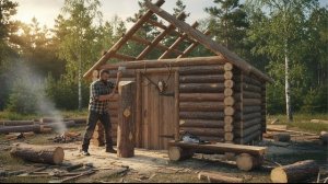 Мужчина в одиночку строит бревенчатый дом в лесу, от начала до конца. Бушкрафт