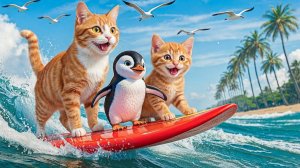 😹Мама кошечка со своим маленьким сыночком катают милого пингвинёнка🔥