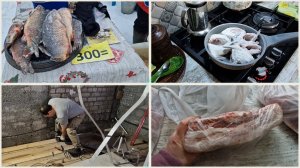 В базарный день. Закупились мясом. Солим сало. Ремонт движется. Жарю карпа