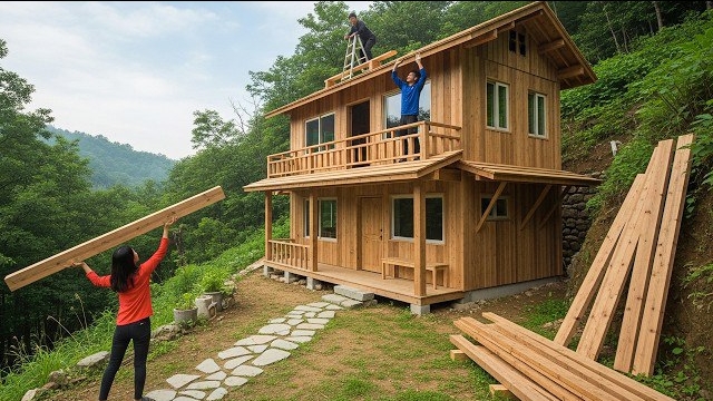 Молодая женщина строит дом для себя за год. От начала до конца. Бушкрафт смотреть онлайн