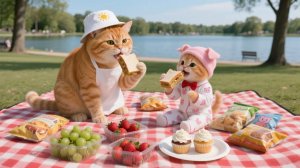 День пикника с очаровательным рыжим котенком и мамой-кошкой 🧺🐱💕