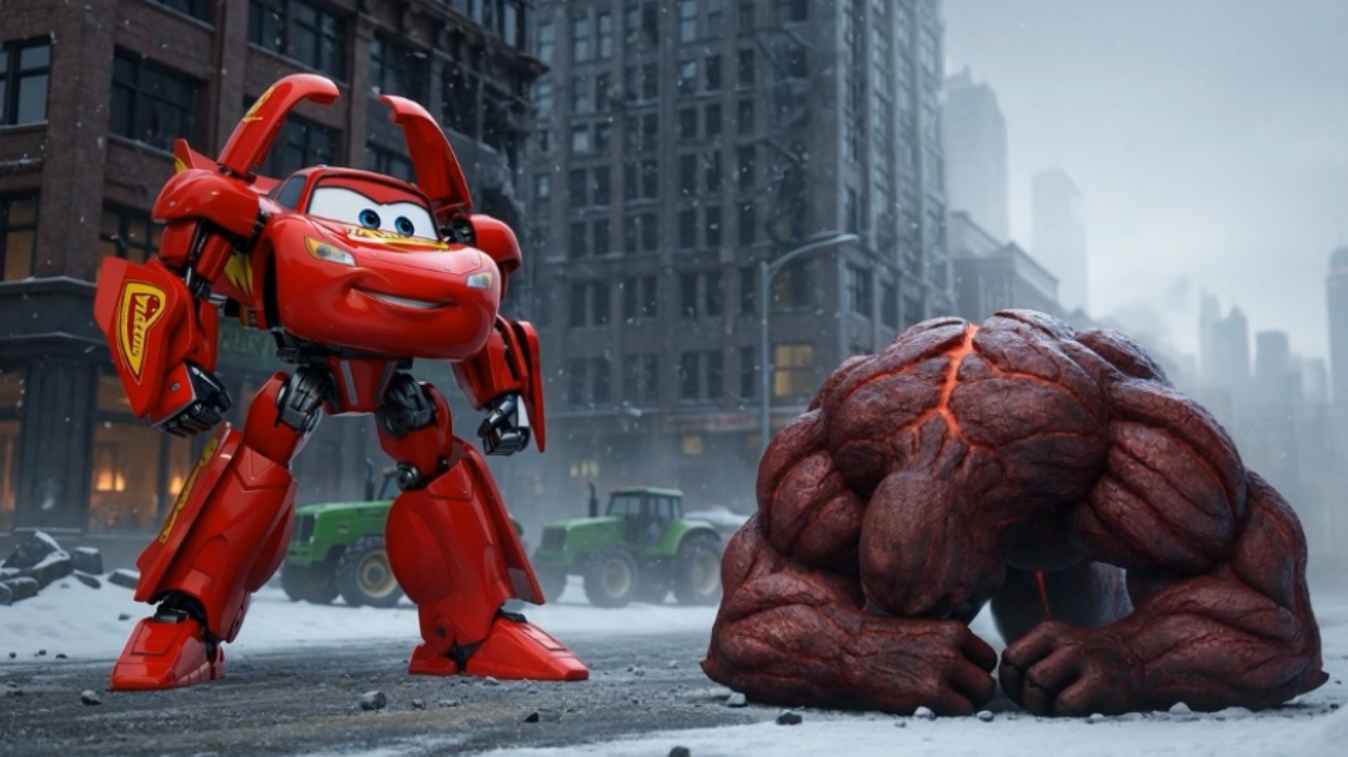 Маккуин трансформируется в боевого робота и спасает город.