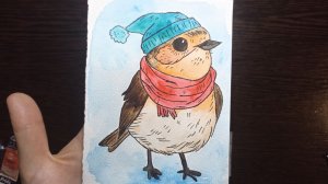Рисунок акварелью / Птичка в шапке
