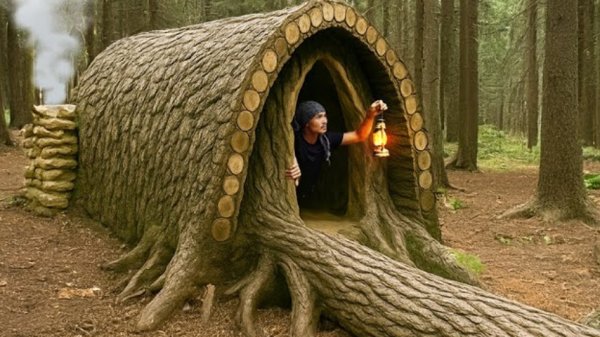 Строительство укрытия в лесу над поваленным деревом. Бушкрафт.