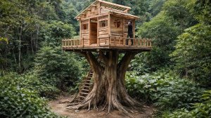 Построил бревенчатую хижину на стволе гигантского дерева. Домик на дереве. Бушкрафт