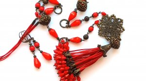 Красный комплект с кистью и филигранью из беларусского сутажа (2527)