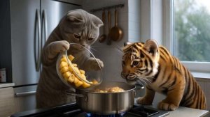 Мама-кошка спасает тигренка и готовит вкусный ужин дома🍽️🐯