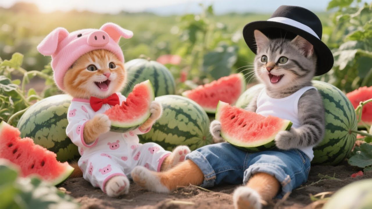 Давайте собирать арбузы вместе с Рыжиком, Майло и мамой-кошкой! смотреть онлайн