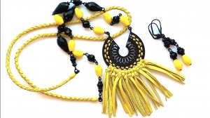 Желто-черное кожаное колье и серьги с бахромой шнур ручной работы (2528)