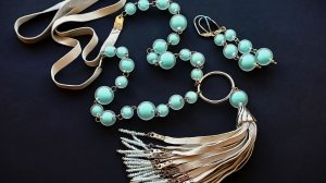 Мятно-серебристый комплект (видео) из натуральной кожи сотуар серьги (2510)