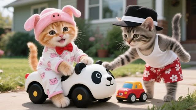 Два маленьких котенка хотят прокатиться на игрушечной машинке-панде смотреть онлайн