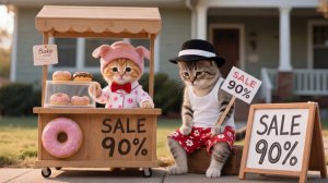 У очаровательного рыжего котенка сегодня мало покупателей на пончики