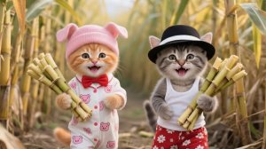 Два очаровательных котенка собирают сахарный тростник с мамой-кошкой