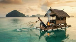 Выживание на мусорном плоту (Эпизод 1) с собакой / Закидывание рыболовных сетей и лов морепродуктов