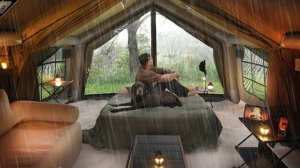 Одиночный кемпинг в сильный дождь. Под огромным уютным тентом тепло, пока снаружи бушует шторм.