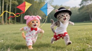 Два очаровательных котенка режут бамбук, чтобы сделать воздушного змея с мамой-кошкой