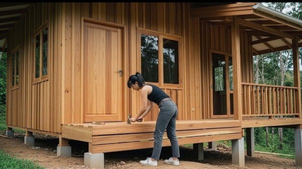 Молодая женщина превращает заброшенную землю в деревянный дом своей мечты. Бушкрафт