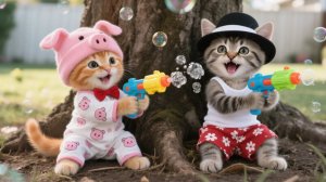 Два маленьких котенка играют с мыльными пузырями, пока мамы-кошки нет дома