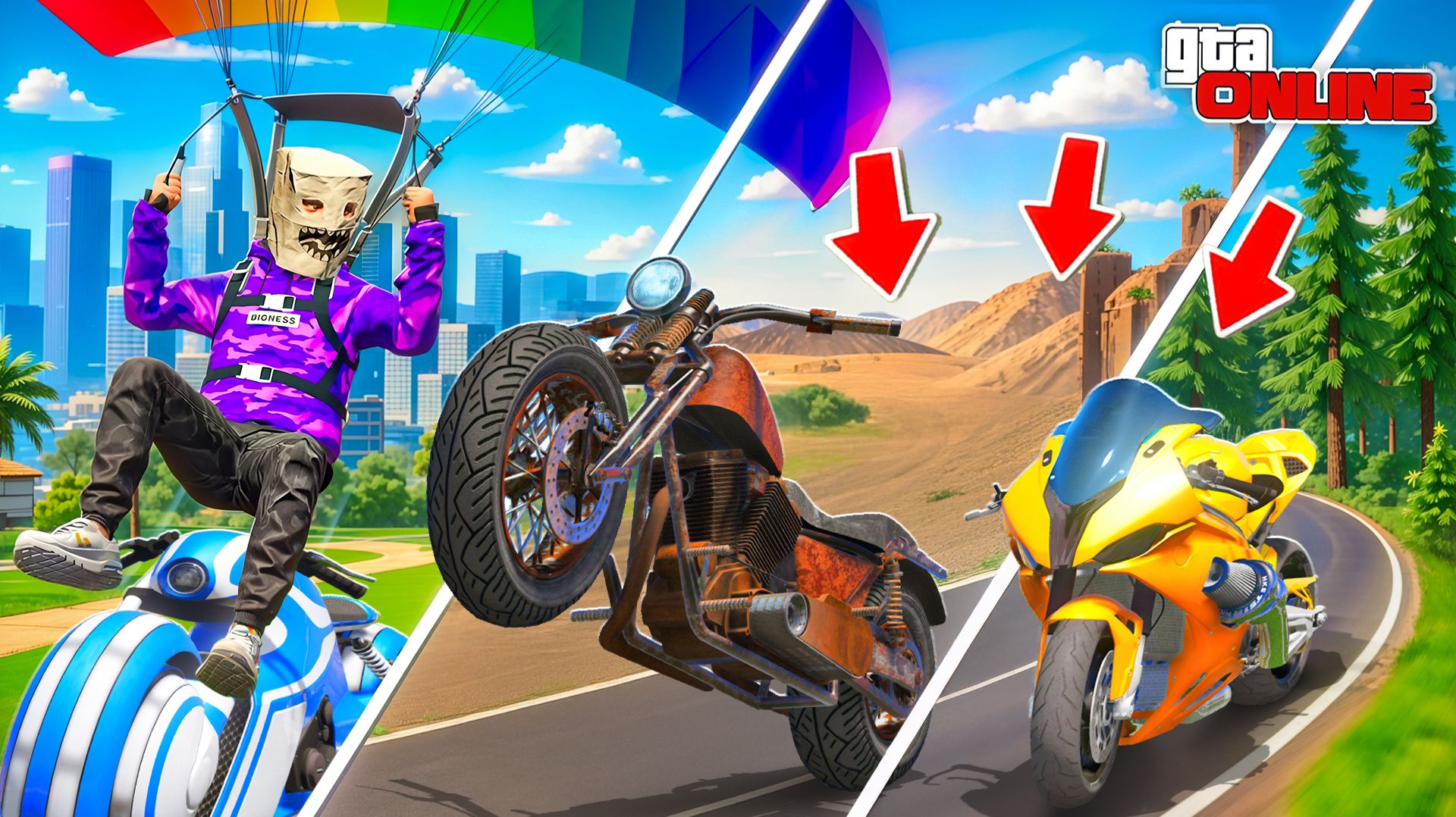 УГНАЛ ЧИТЕРСКИЕ БАЙКИ В РАЗНЫХ ТОЧКАХ КАРТЫ НА ПАРАШЮТЕ | БИТВА ПАРАШЮТИСТОВ В ГТА 5 ОНЛАЙН смотреть онлайн