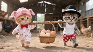 Двое маленьких котят помогают маме-кошке работать на ферме с курочками 🐱🐱🐔