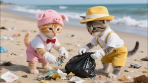 Двое очаровательных котят собирают мусор вместе, чтобы помочь сохранить окружающую среду в чистоте