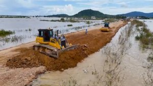 Emergency Action! Rebuilding Flooded Road Using Bulldozer Push Soil and Dump Truck Transport Soil