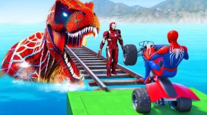 РАДУЖНЫЙ ЧЕЛОВЕК-ПАУК спасает железного человека против динозавра в забавной игре GTA 5 супергерои