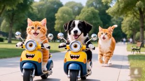 😹Мама кошечка и её маленькие котятки катаются на игрушечных мотоциклах🔥