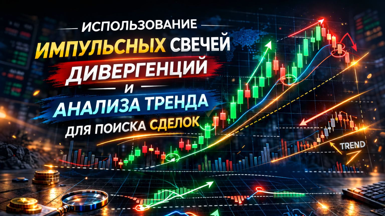 Использование импульсных свечей, дивергенций и анализа тренда для поиска сделок