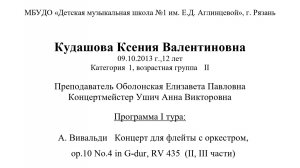 Кудашова Ксения Валентиновна 09.10.2013 г.,12 лет. Категория 1, возрастная группа II