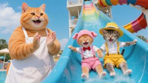 Рыжик и Майло играют в аквапарке с мамой-кошкой