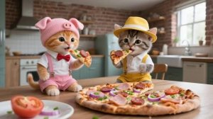 Двое маленьких котят обожают пиццу