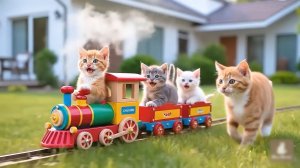 😹Мама кошечка со своими маленькими котятками гуляют и едут на игрушечном поезде🔥