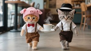 Двое очаровательных котят работают в кафе, чтобы купить маме-кошке новый планшет