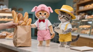 Двое милых котят помогают маме-кошке в пекарне