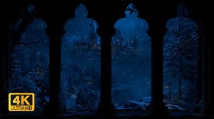 4К Зимняя Волшебная Ночь в Хогвартсе для Проектора ❄️ Атмосфера Гарри Поттера со Звуками Ветра