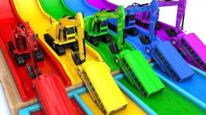 Изучаем цвета для детей с помощью экскаватора, школьного автобуса, уличной техники и игрушек