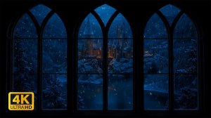 Зимняя Ночь в Хогвартсе в 4K ❄️ Вид из Окна со Снегопадом и Звуками Ветра для Проектора на Стену