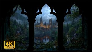 🌩️ Грозовая Ночь в Хогвартсе в 4K 🌧️ Волшебный Вид из Окна со Звуками Дождя и Грома для Проектора