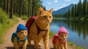 Кошка-мать и два котенка в походе и кемпинге осенью  Miu Miu Cat Life