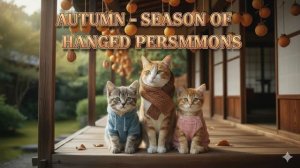 Кошка-мать и два котенка, очаровательная осенняя сцена, вместе лепят из вяленой на солнце хурмы.