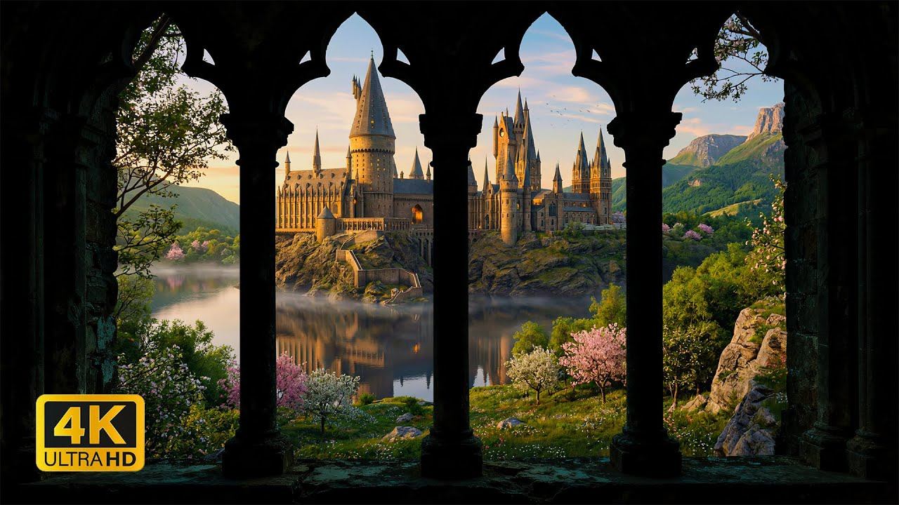 4К Вид из Окна для Проектора 🌸🏰 Весенняя Атмосфера Хогвартс из Гарри Поттера со Звуками Природы