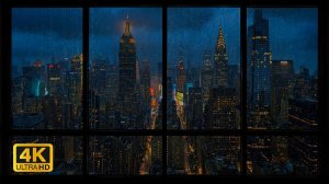 4К Вид из Окна для Проектора с Видом на Ночной Нью-Йорк с Дождем и Грозой
